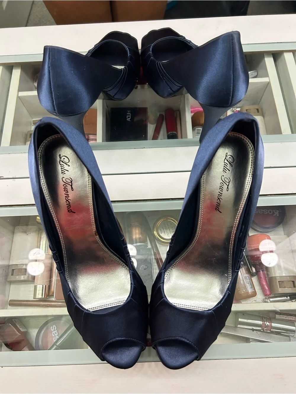 Lulu Townsend Navy Satin Peep-Toe Stiletto Heels